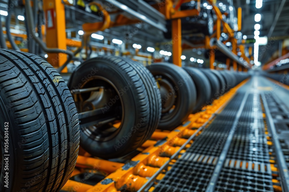 New tires are moving along a conveyor system in a manufacturing facility, showcasing the efficient production process during daylight hours New tires are moving along a conveyor system in a manufacturing facility, showcasing the efficient production process during daylight hours
