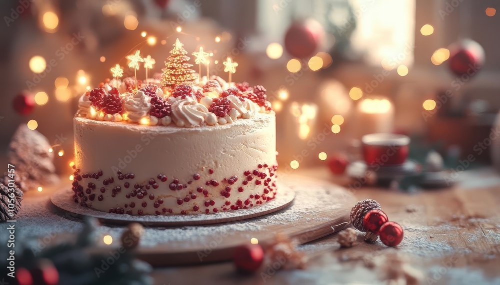 Christmas cake with glowing AR baking guides, cozy kitchen setting, soft warm lighting, photorealistic Christmas cake with glowing AR baking guides, cozy kitchen setting, soft warm lighting, photorealistic