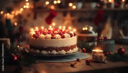 Christmas cake with glowing AR baking guides, cozy kitchen setting, soft warm lighting, photorealistic