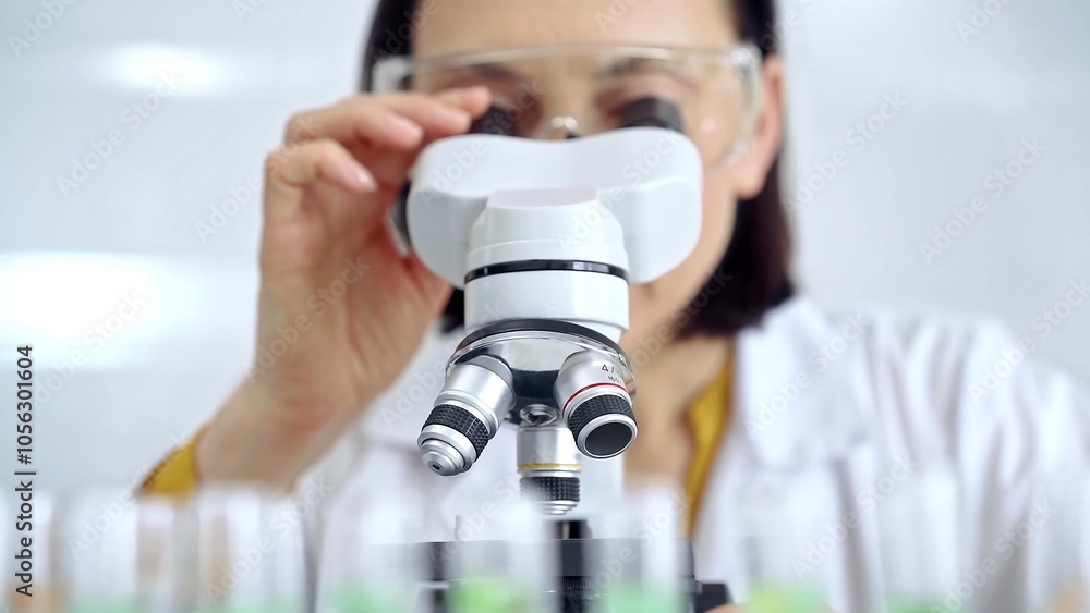 Woman scientist using microscope in laboratory. Microbiology science concept Woman scientist using microscope in laboratory. Microbiology science concept
