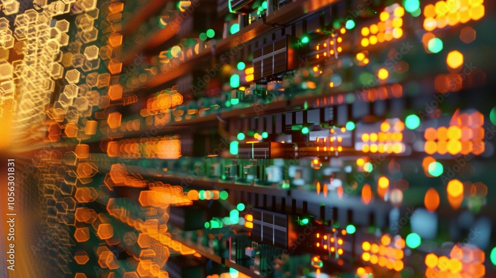 Obraz premium Abstract Close-Up of Server Racks with Blinking Lights
