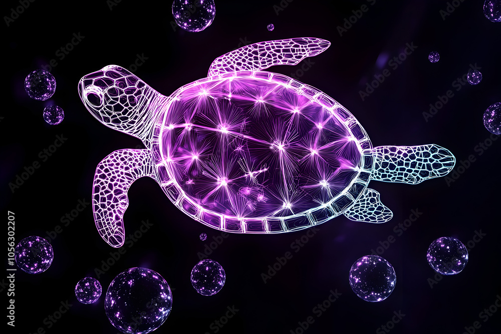 Fototapeta premium Futuristic neon outlines sea turtle surrounded by glowing bubbles isolated on black background.