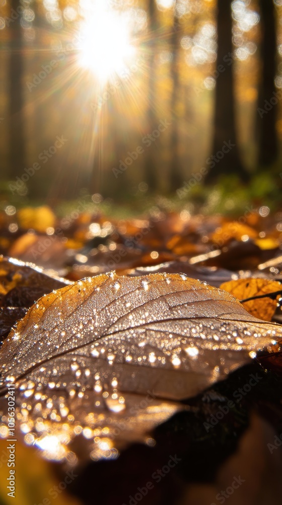 Dewy autumn leaf reflecting golden sunlight in forest Dewy autumn leaf reflecting golden sunlight in forest