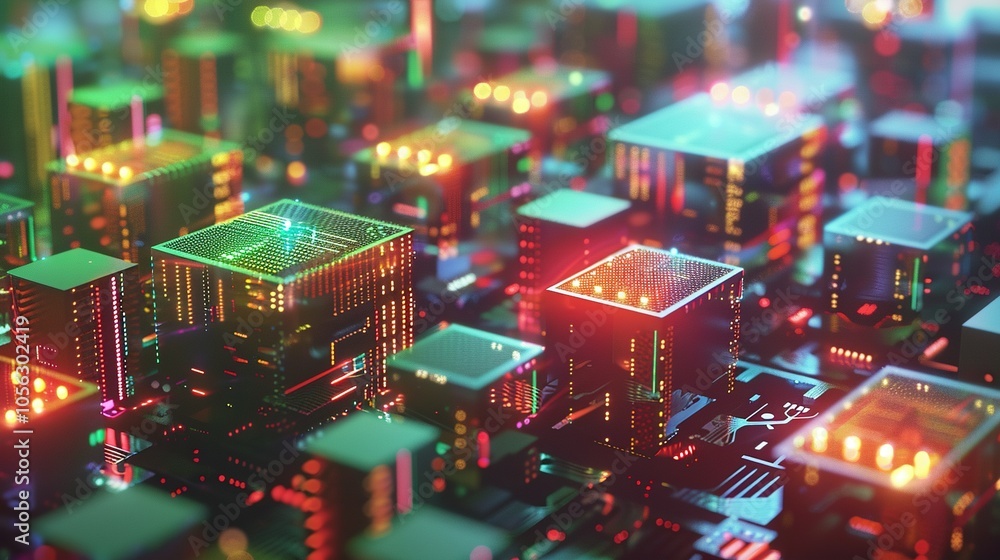 Obraz premium A Close-Up View of a Circuit Board with Illuminated Cubes