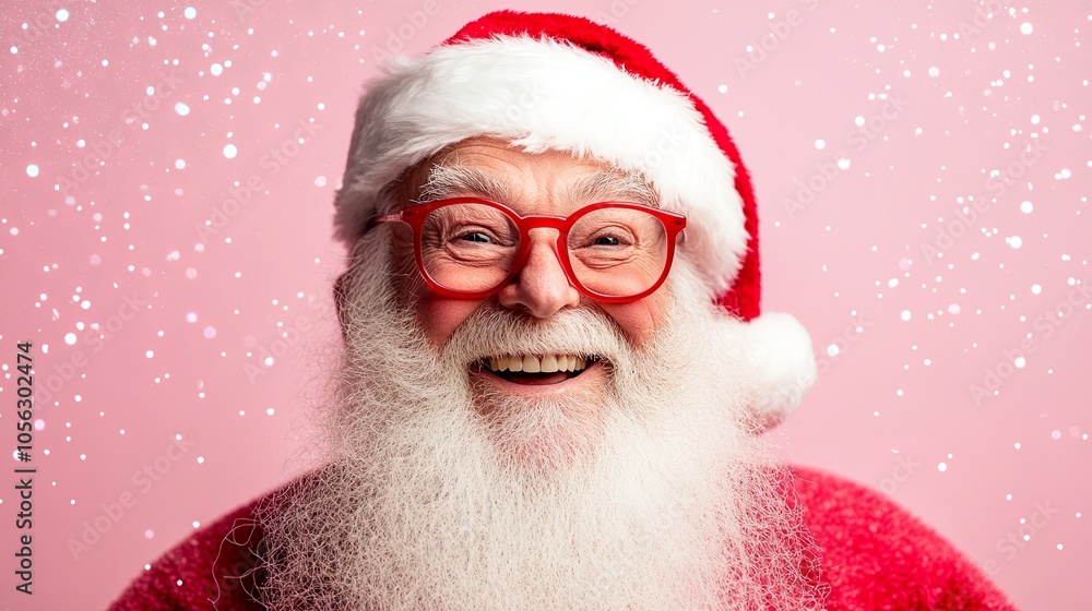 joyful Santa Claus with a big smile, wearing red glasses and a Santa hat, with snowflakes falling against a festive pink background. Capturing the warm and cheerful spirit of Christmas joyful Santa Claus with a big smile, wearing red glasses and a Santa hat, with snowflakes falling against a festive pink background. Capturing the warm and cheerful spirit of Christmas