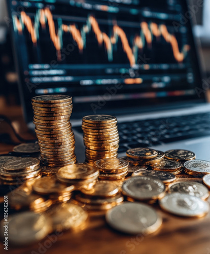 A close-up of gold coins stacked on a table, with a laptop displaying financial graphs and data, symbolizing investment and wealth management.