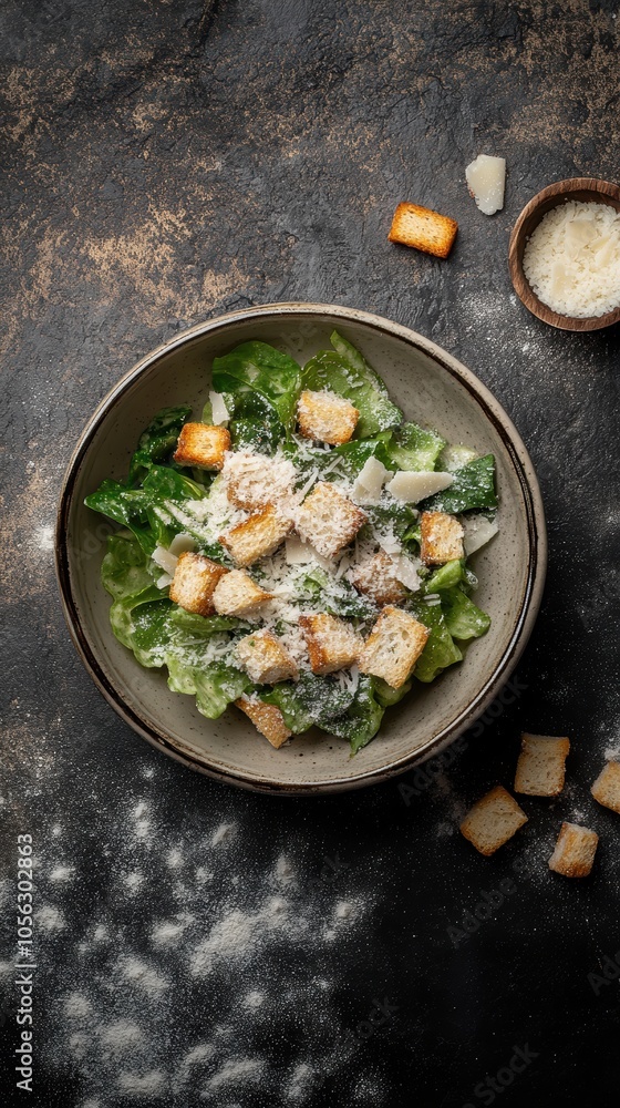 Fresh caesar salad with croutons and parmesan cheese on dark background Fresh caesar salad with croutons and parmesan cheese on dark background