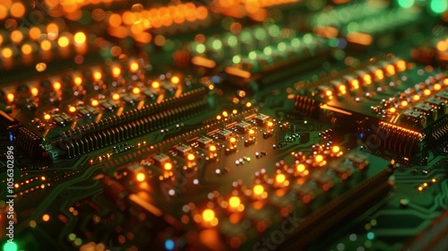 Close-up of a lit circuit board with orange and green hues