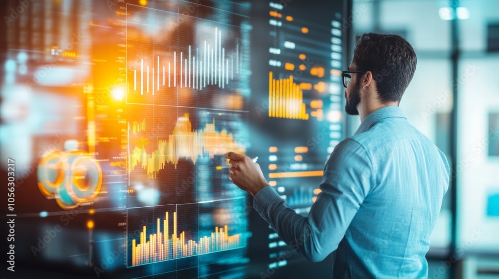 Business analyst examining big data insights on a digital dashboard in a high-tech office environment with glowing screens. Business analyst examining big data insights on a digital dashboard in a high-tech office environment with glowing screens.