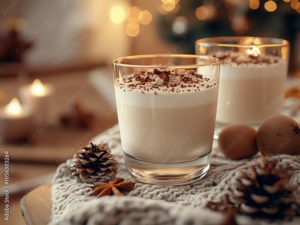 Eggnog with glowing AR recipe instructions, cozy holiday living room, soft warm lighting, photorealistic Eggnog with glowing AR recipe instructions, cozy holiday living room, soft warm lighting, photorealistic