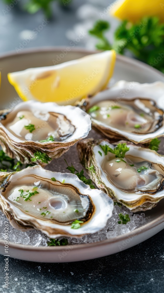 Fresh oysters decorated with parsley and lemon on ice Fresh oysters decorated with parsley and lemon on ice