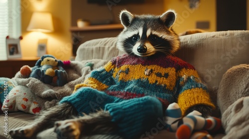 Cozy Raccoon in Colorful Sweater Relaxing Indoors