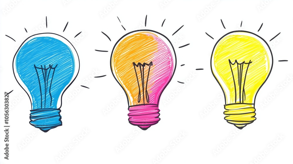Brightly colored light bulbs representing creativity and innovation Brightly colored light bulbs representing creativity and innovation