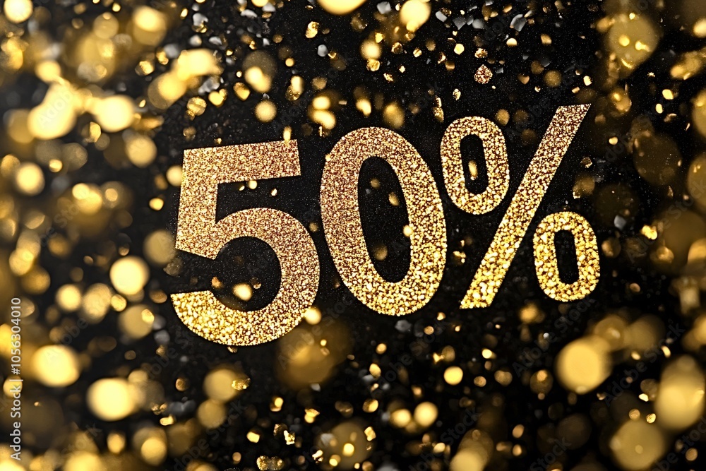 Fifty percent gold symbol with sparkling confetti on a black background represents discounts, promotions, and special offers, perfect for advertising campaigns and marketing materials Fifty percent gold symbol with sparkling confetti on a black background represents discounts, promotions, and special offers, perfect for advertising campaigns and marketing materials