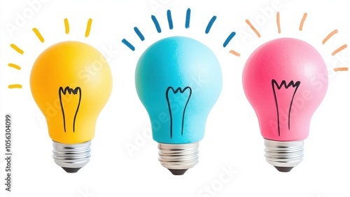 Brightly colored light bulbs with playful designs symbolize creativity and ideas