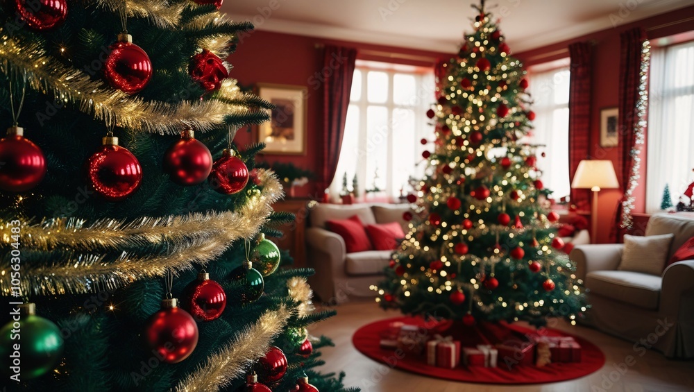 The living room is beautifully decorated for the Christmas season, featuring two majestic trees adorned with colorful ornaments and twinkling lights. Warmth radiates from the cozy furniture The living room is beautifully decorated for the Christmas season, featuring two majestic trees adorned with colorful ornaments and twinkling lights. Warmth radiates from the cozy furniture