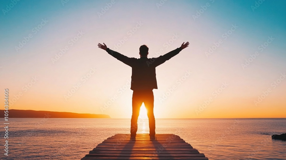Fototapeta premium Silhouette of person with arms raised at sunset by ocean, feeling empowered