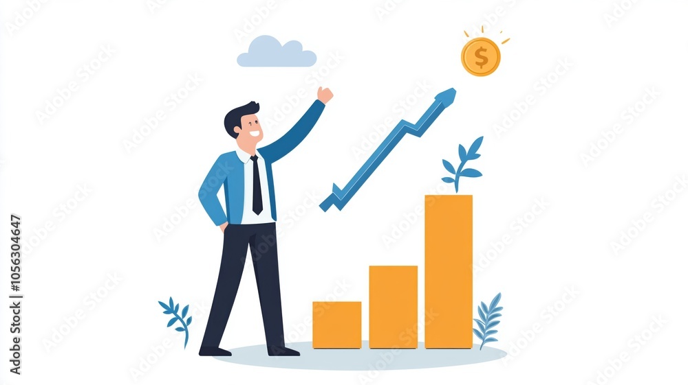 Businessman celebrating growth with rising graph and dollar sign Businessman celebrating growth with rising graph and dollar sign