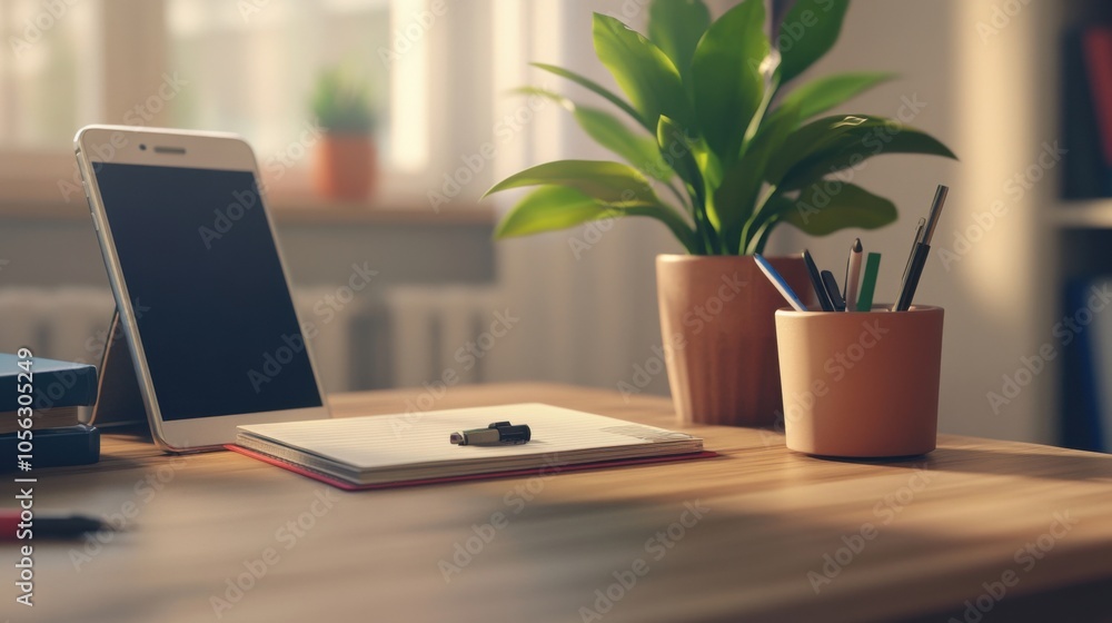 Fototapeta premium Desk setup with stationery, notebook, smartphone, and plant