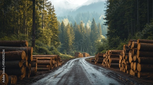 A road with a mountain in the background. There are many logs on the side of the road