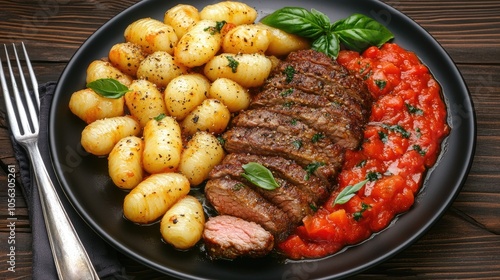 Enjoy a delicious Swiss meat fillet complemented by savory tomato sauce and soft gnocchi on a stylish black plate