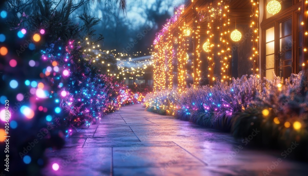 Holiday lights display with glowing AR color effects, vibrant outdoor setting, soft warm lighting, photorealistic Holiday lights display with glowing AR color effects, vibrant outdoor setting, soft warm lighting, photorealistic