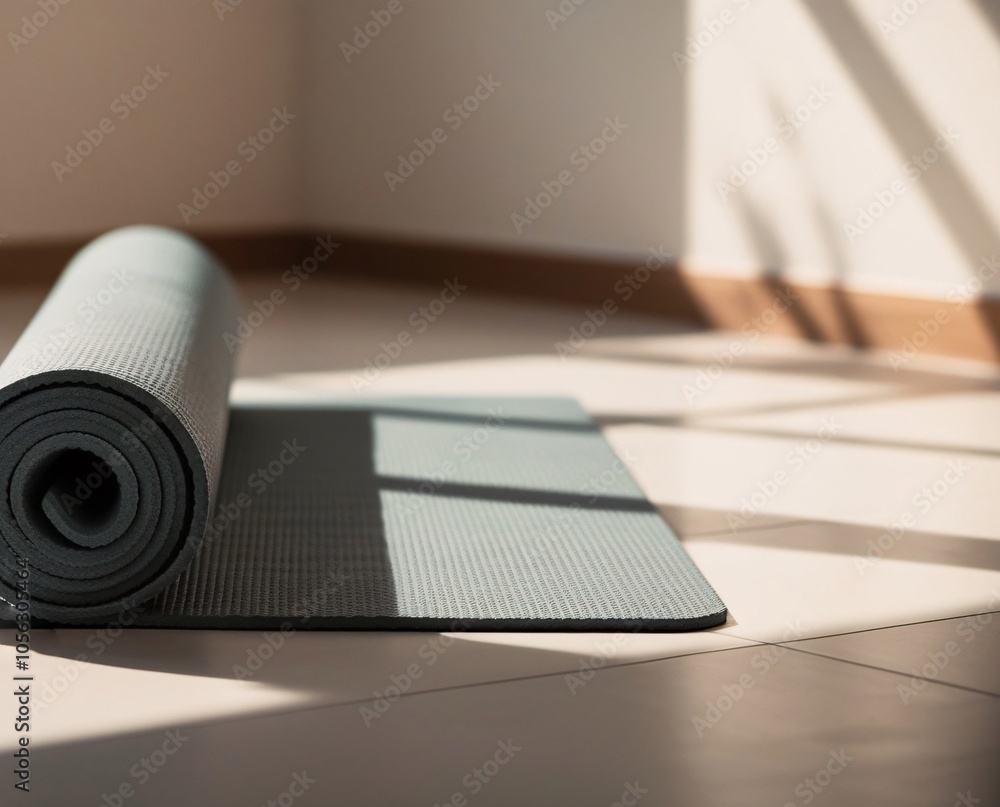 A yoga mat lies rolled out on a tiled floor, bathed in morning sunlight streaming through a window, creating a calm and inviting atmosphere for exercise or meditation A yoga mat lies rolled out on a tiled floor, bathed in morning sunlight streaming through a window, creating a calm and inviting atmosphere for exercise or meditation