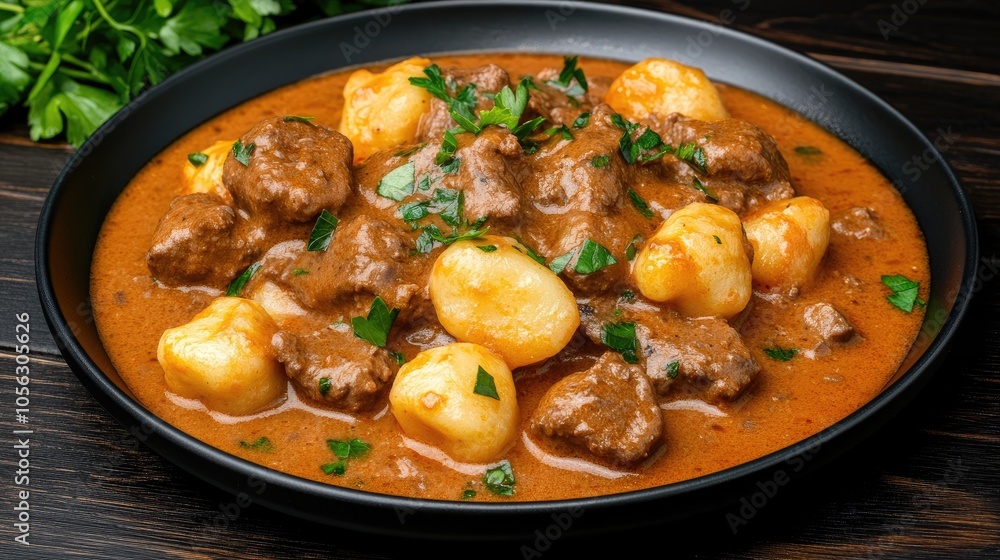 Enjoy a delicious Swiss meat fillet complemented by savory tomato sauce and soft gnocchi on a stylish black plate Enjoy a delicious Swiss meat fillet complemented by savory tomato sauce and soft gnocchi on a stylish black plate