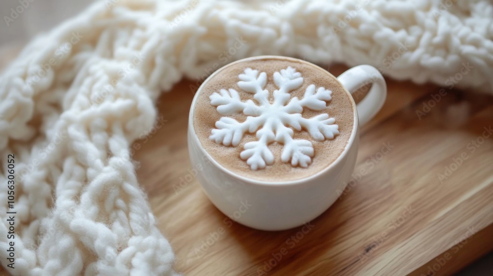 Snowflake coffee cozy blanket wooden surface Snowflake coffee cozy blanket wooden surface