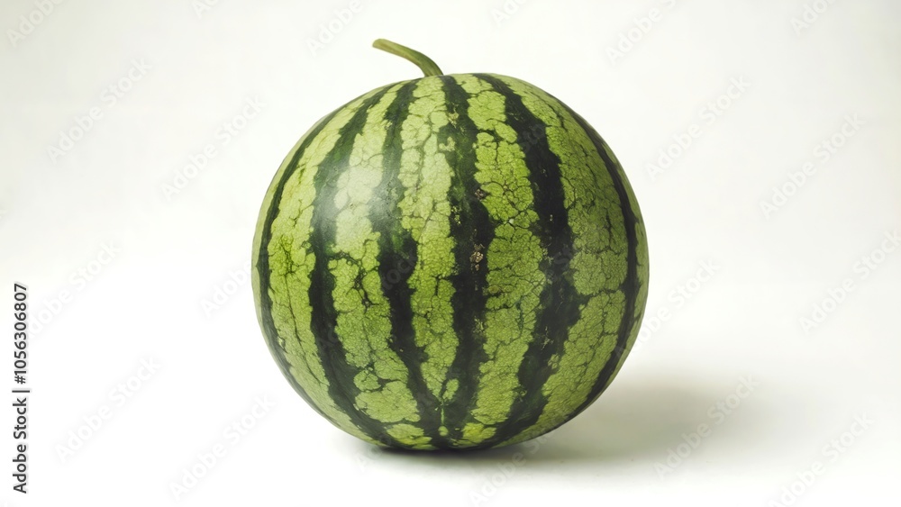 Whole watermelon with green striped skin on white background Whole watermelon with green striped skin on white background