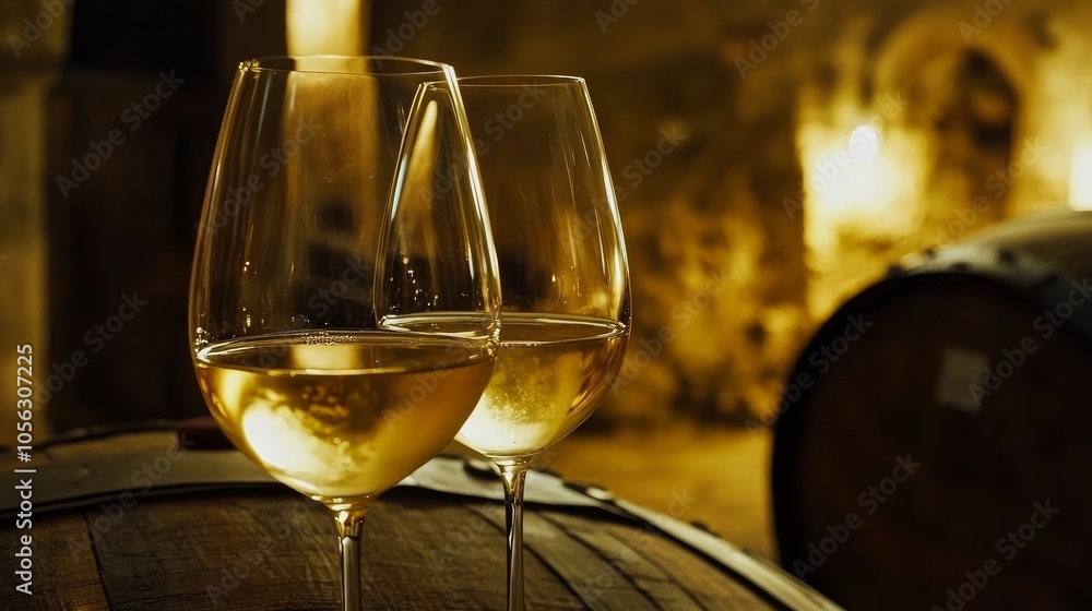 Close-up of two glasses of white wine on a wooden barrel
Close-up of two glasses of white wine on a wooden barrel