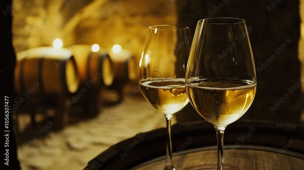 Close-up of two glasses of white wine on a wooden barrel
Close-up of two glasses of white wine on a wooden barrel
