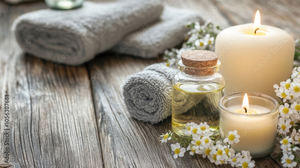 Spa wellness setup with candles and oils on wooden table Spa wellness setup with candles and oils on wooden table