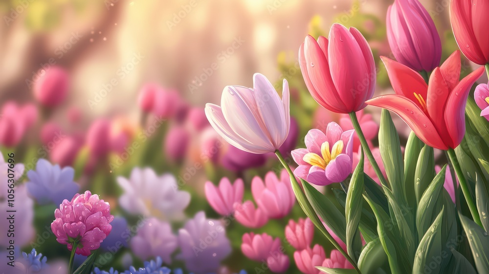 A vibrant display of blooming flowers in various colors, creating a serene spring atmosphere. A vibrant display of blooming flowers in various colors, creating a serene spring atmosphere.