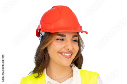 Dedicated young woman in a hard hat assessing a construction site