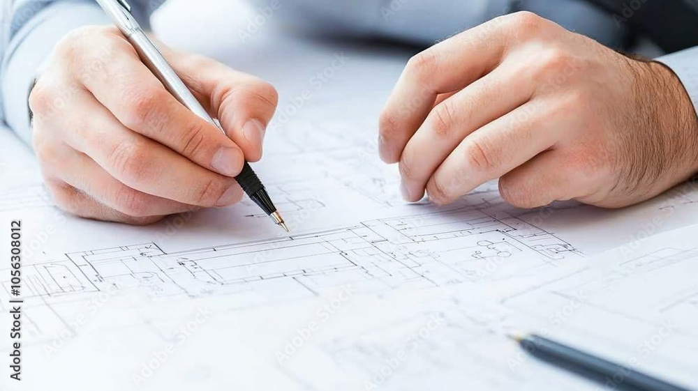 Hands drawing architectural plans with pen and paper, focused on details Hands drawing architectural plans with pen and paper, focused on details