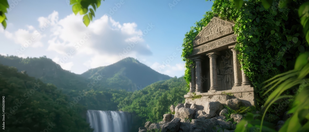 Ancient temple ruins surrounded by lush greenery and a beautiful waterfall in the background. Ancient temple ruins surrounded by lush greenery and a beautiful waterfall in the background.