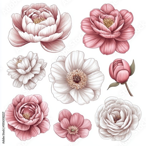 Wallpaper Mural Beautiful collection of hand-drawn flowers in soft pink and white colors on a white isolated background. Torontodigital.ca