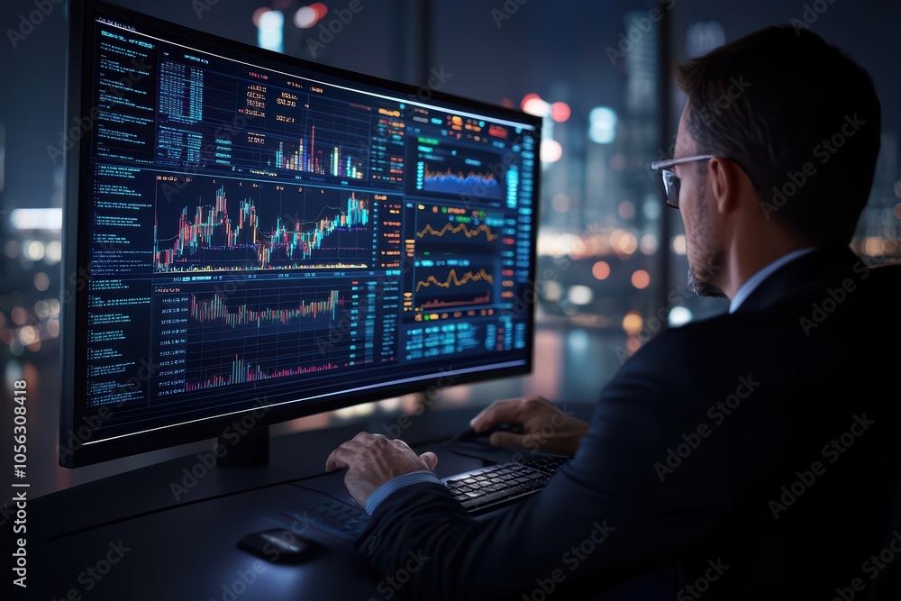 Business professional analyzing financial data on a computer screen at night with city skyline in the background. Business professional analyzing financial data on a computer screen at night with city skyline in the background.