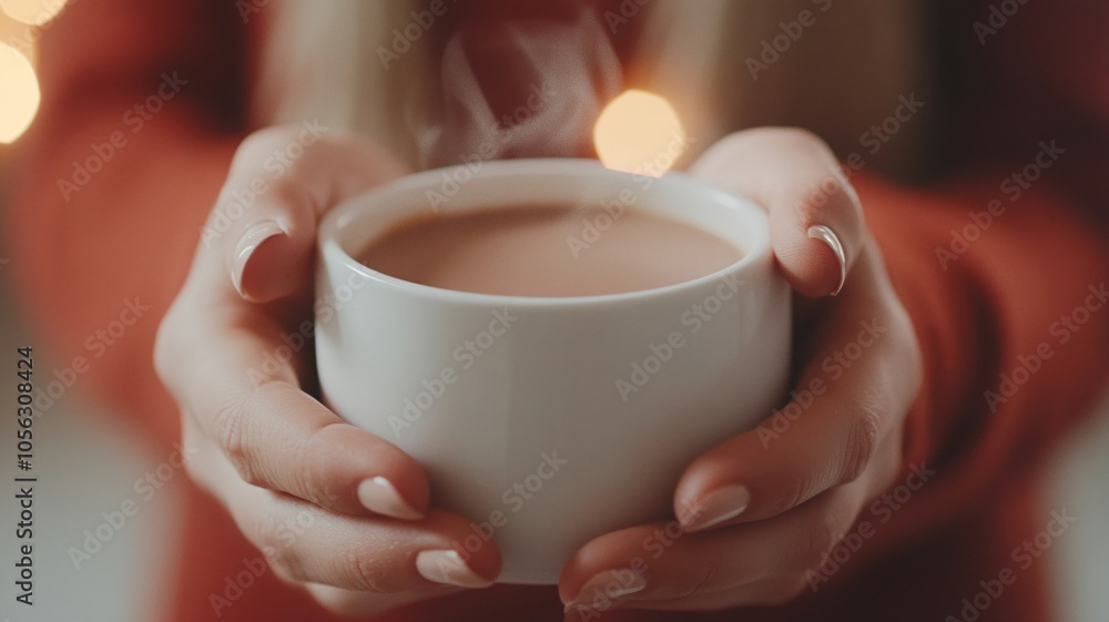Close up of hands holding steaming cup of hot chocolate, cozy vibes