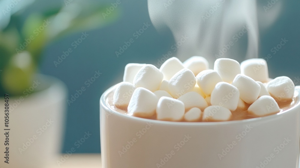 Warm hot cocoa topped with fluffy marshmallows, steam rising gently Warm hot cocoa topped with fluffy marshmallows, steam rising gently