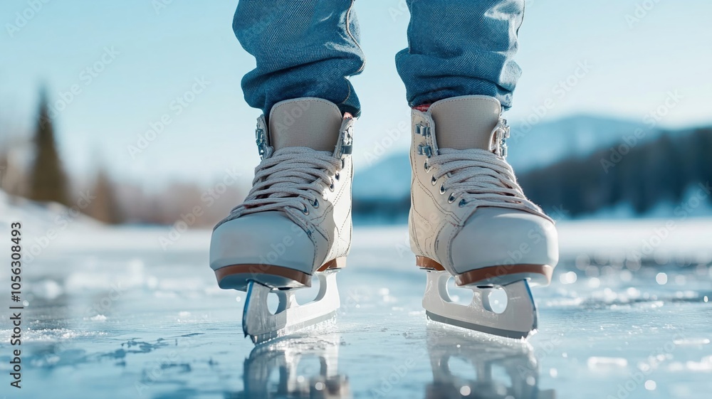 Close up of ice skates on frozen pond, ready for winter adventure Close up of ice skates on frozen pond, ready for winter adventure
