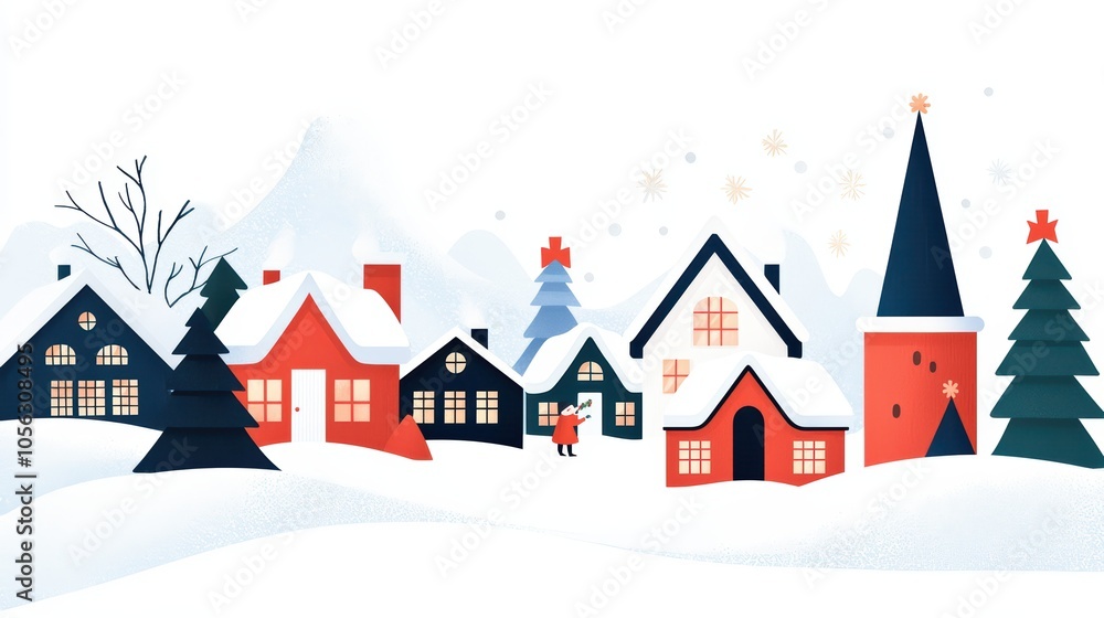 Fototapeta premium Charming snowy village scene with festive buildings and trees, ideal for holiday themes.