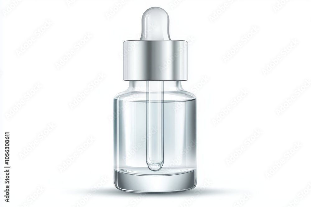 Clear dropper bottle with liquid, perfect for cosmetic or medicinal use, on a white isolated background.