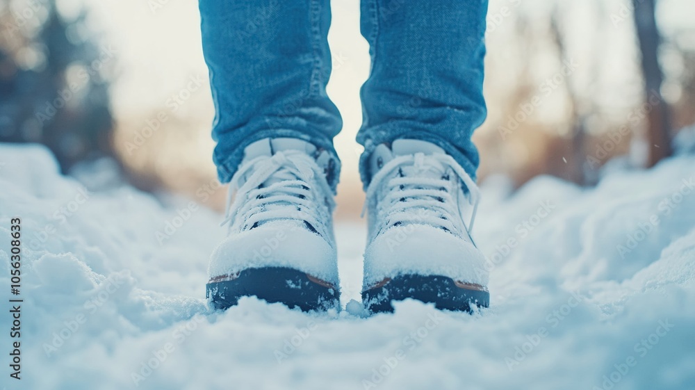Walking through fresh snow, boots crunching softly underfoot Walking through fresh snow, boots crunching softly underfoot