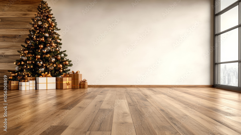 A decorated Christmas tree sits in a corner of a spacious room, with gifts wrapped in brown paper and white ribbon underneath. A decorated Christmas tree sits in a corner of a spacious room, with gifts wrapped in brown paper and white ribbon underneath.