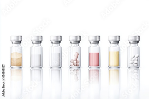 Collection of clear vials containing various substances against a white background.