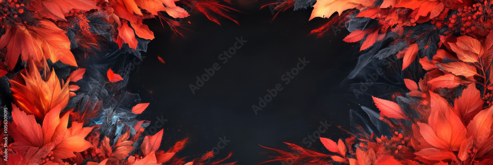 Red autumn leaves frame a dark background with smoke and sparks. Red autumn leaves frame a dark background with smoke and sparks.