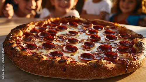 A large pepperoni pizza sits on a wooden table