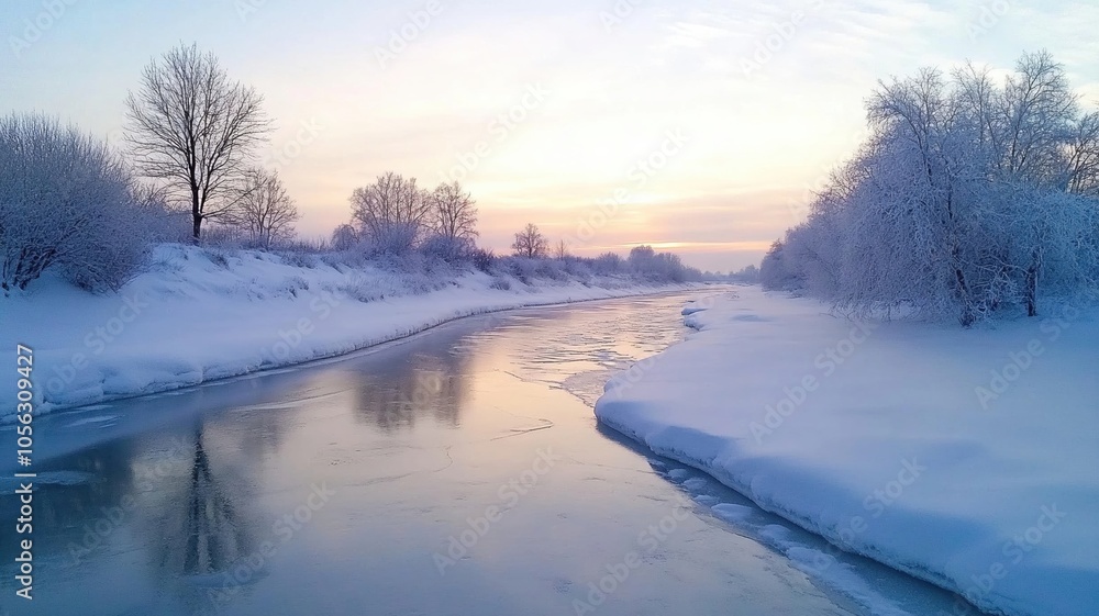Frozen river reflecting winter sky, creating peaceful scene Frozen river reflecting winter sky, creating peaceful scene